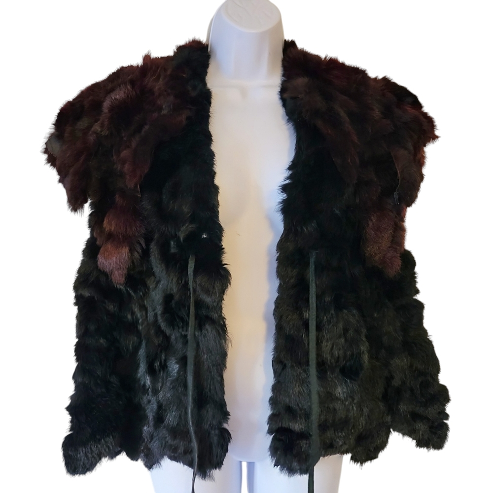 Boho Tattered Look Black and Burgundy Rabbit Fur Vest size Large
